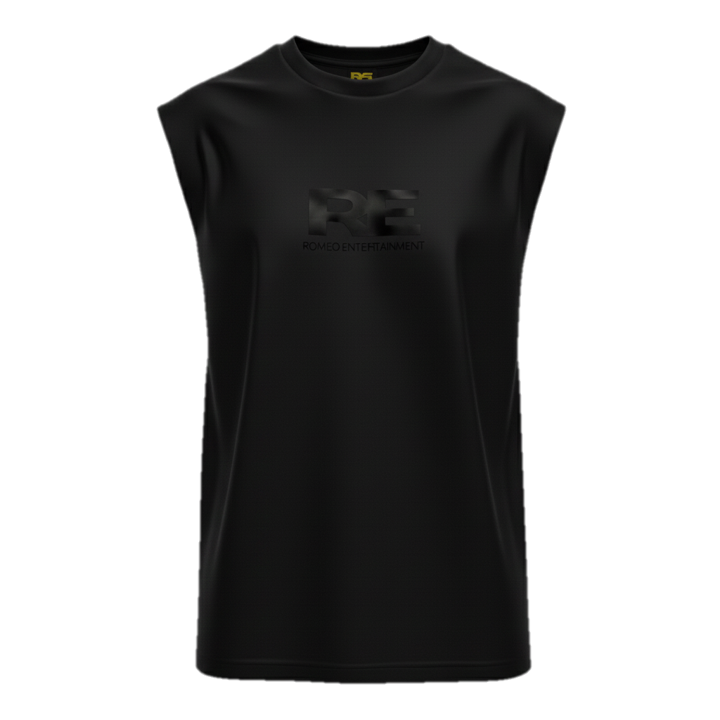 RE Romeo Entertainment - Black Sleeveless T - Metallic Gold Logo
