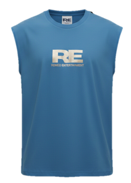 RE Romeo Entertainment - Blue Sleeveless T - Metallic Gold Logo