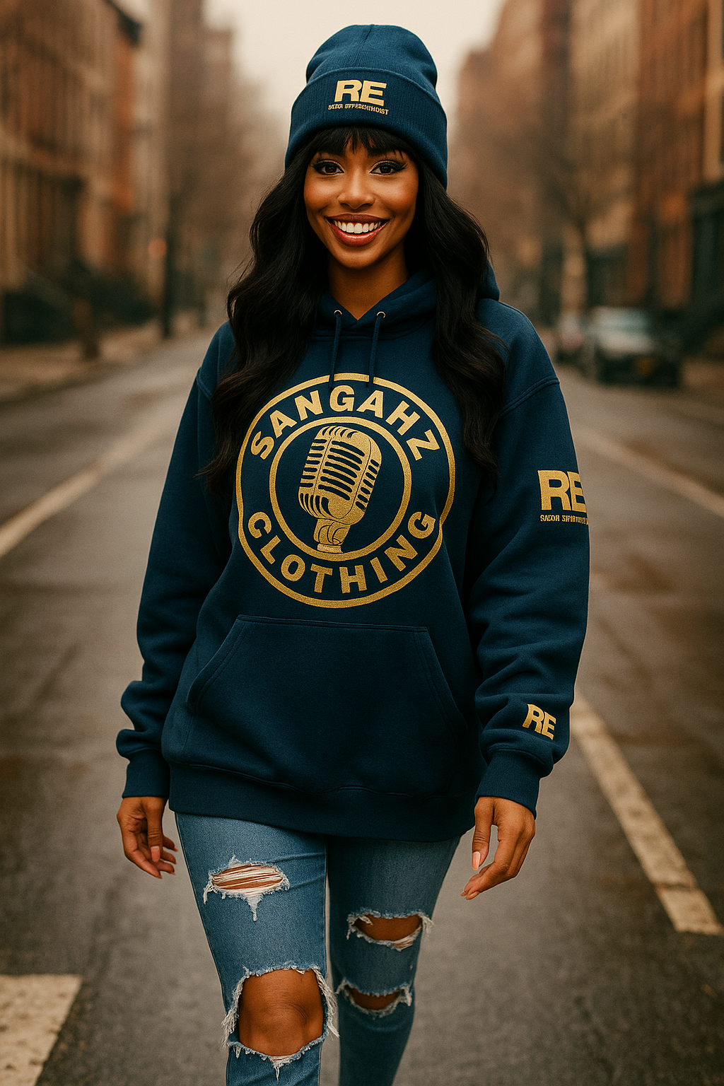 Navy Blue and Metallic Gold I SANGAHZ Hooded Sweatshirt