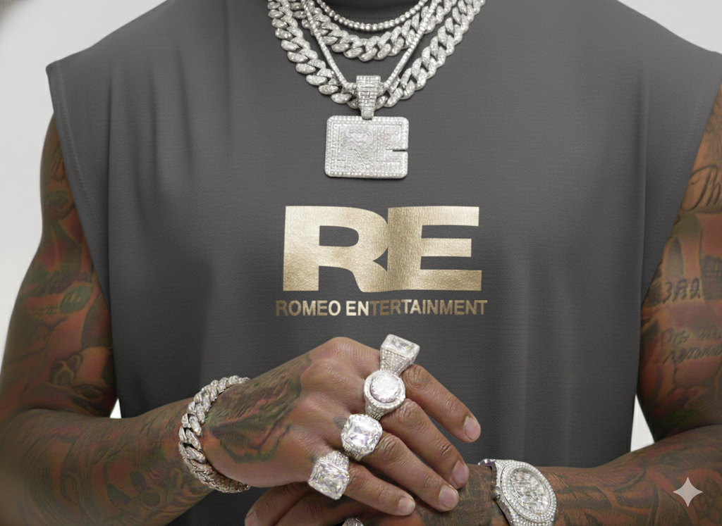 RE Romeo Entertainment - Grey Sleeveless T - Metallic Gold Logo