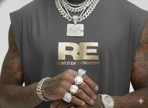 RE Romeo Entertainment - Grey Sleeveless T - Metallic Gold Logo