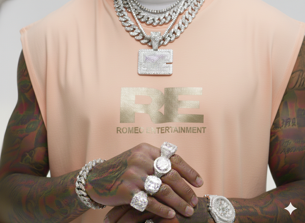 RE Romeo Entertainment - Peach Sleeveless T - Metallic Gold Logo