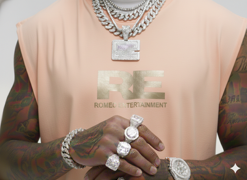 RE Romeo Entertainment - Peach Sleeveless T - Metallic Gold Logo