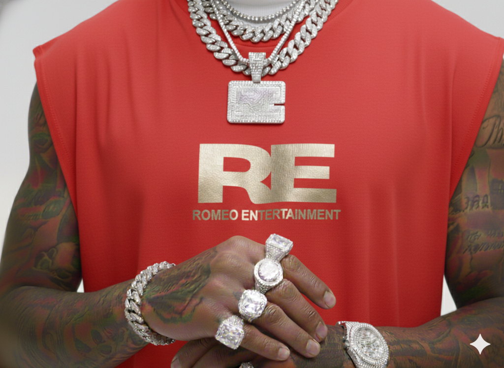 RE Romeo Entertainment - Red Sleeveless T - Metallic Gold Logo