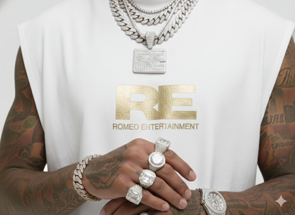 RE Romeo Entertainment - White Sleeveless T - Metallic Gold Logo