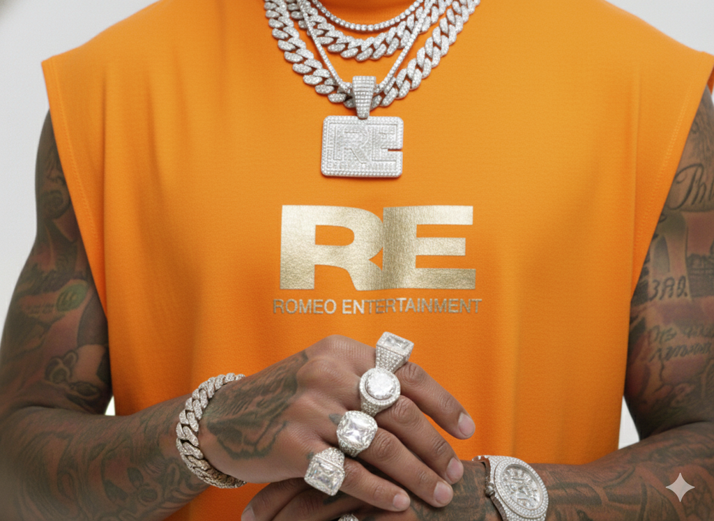 RE Romeo Entertainment - Orange Sleeveless T - Metallic Gold Logo