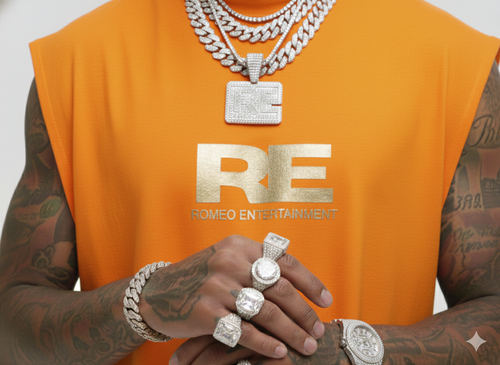 RE Romeo Entertainment - Orange Sleeveless T - Metallic Gold Logo