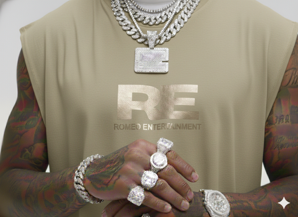 RE Romeo Entertainment - Khaki Sleeveless T - Metallic Gold Logo