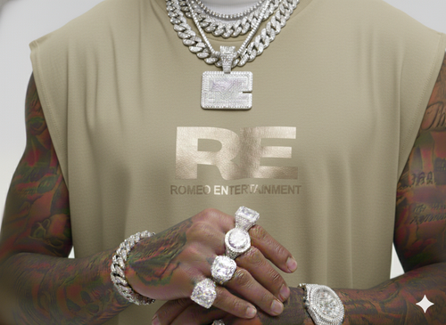 RE Romeo Entertainment - Khaki Sleeveless T - Metallic Gold Logo