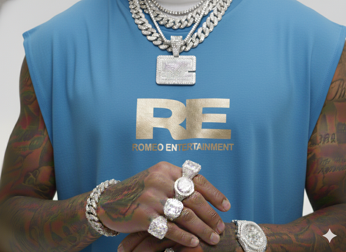 RE Romeo Entertainment - Blue Sleeveless T - Metallic Gold Logo