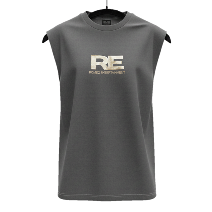 RE Romeo Entertainment - Grey Sleeveless T - Metallic Gold Logo