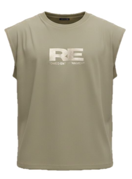 RE Romeo Entertainment - Khaki Sleeveless T - Metallic Gold Logo