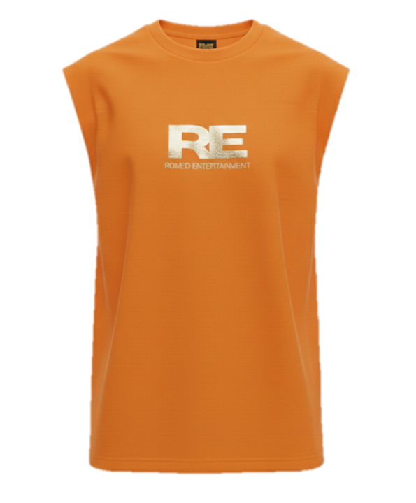 RE Romeo Entertainment - Orange Sleeveless T - Metallic Gold Logo