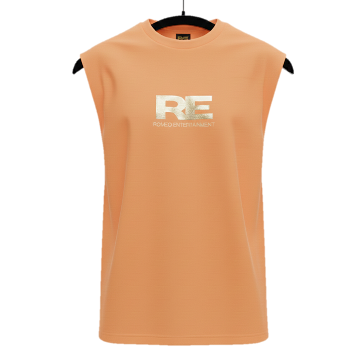 RE Romeo Entertainment - Peach Sleeveless T - Metallic Gold Logo