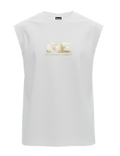 RE Romeo Entertainment - White Sleeveless T - Metallic Gold Logo