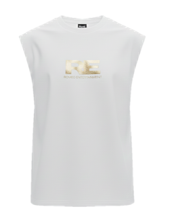 RE Romeo Entertainment - White Sleeveless T - Metallic Gold Logo