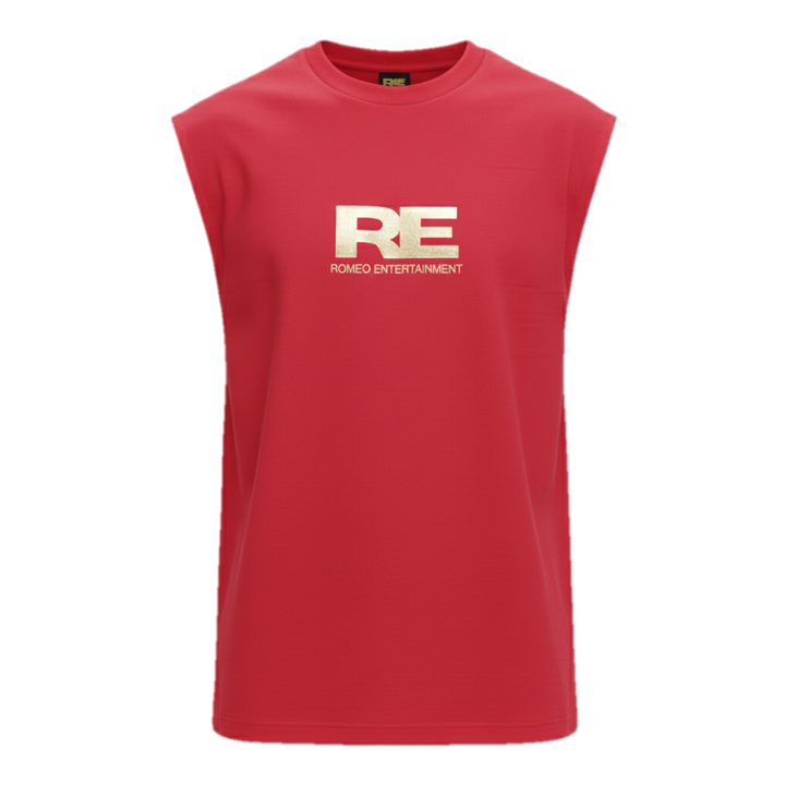 RE Romeo Entertainment - Red Sleeveless T - Metallic Gold Logo