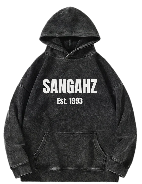 SANGAHZ acid wash hoodie, black with white Origination logo, Est. 1993