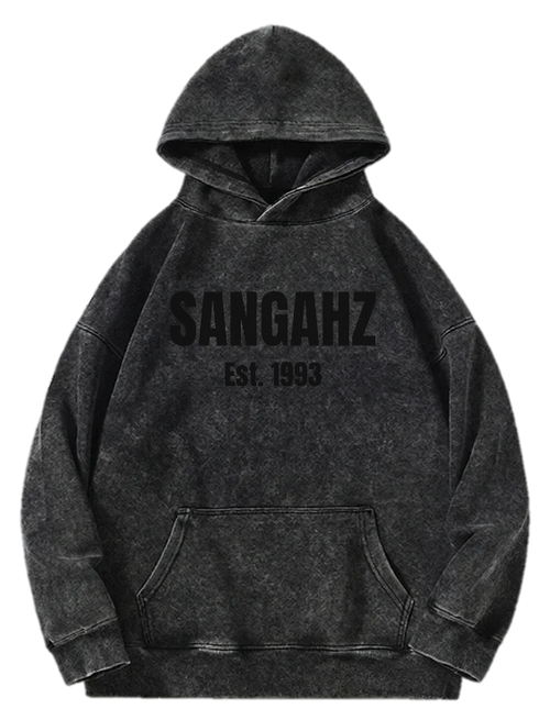 SANGAHZ acid wash hoodie, black with black Origination logo, Est. 1993