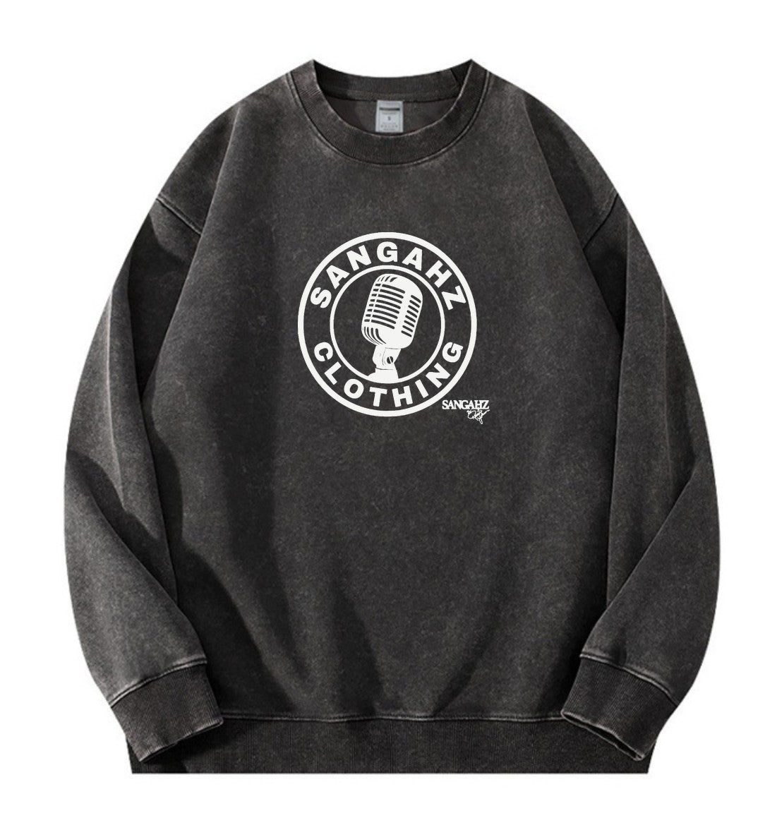 SANGAHZ Crewneck Sweatshirt, Black, Mic logo in White