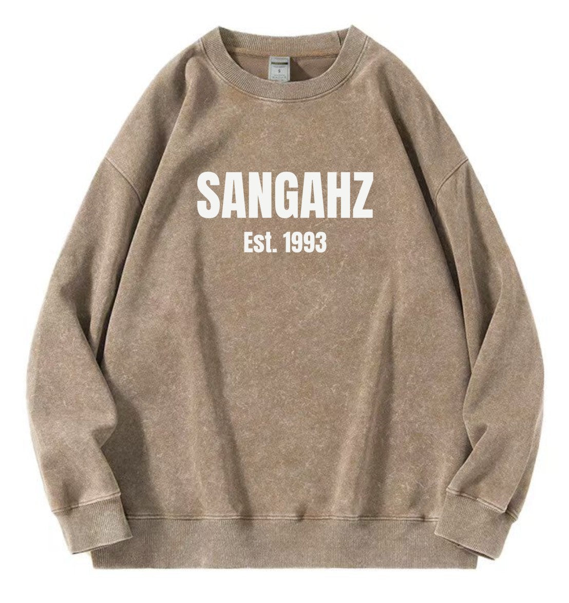 SANGAHZ Crewneck Sweatshirt, Faded Brown, Origination logo in White