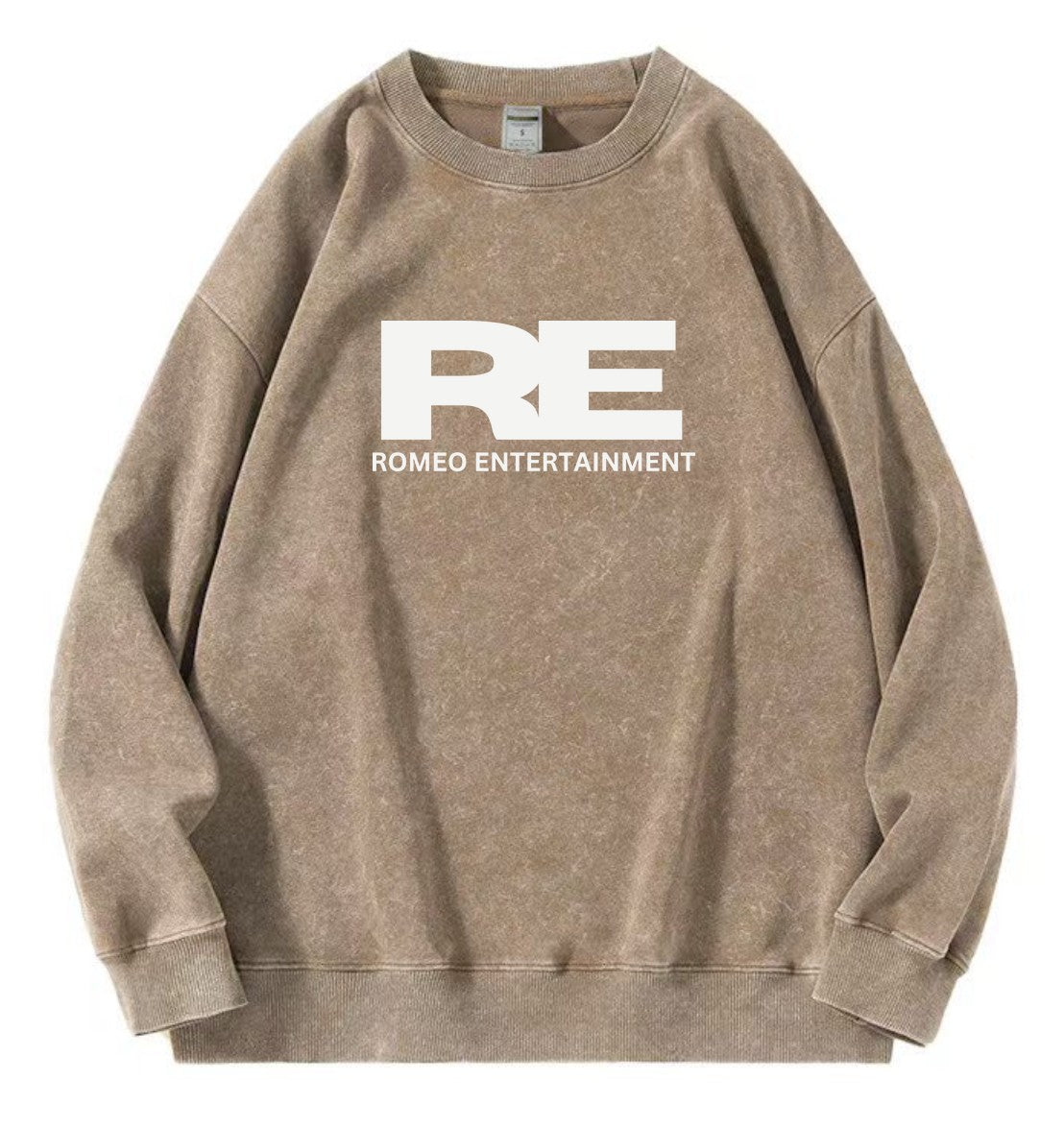 SANGAHZ Crewneck Sweatshirt, Faded Brown, Romeo Entertainment logo in White