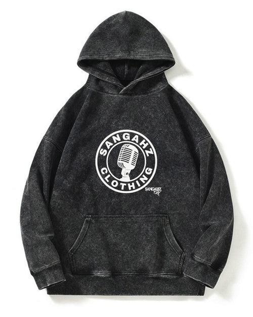 SANGAHZ Acid Wash Hoodie, Black, Mic logo in White