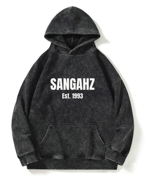 SANGAHZ Acid Wash Hoodie, Black, Origination logo in White