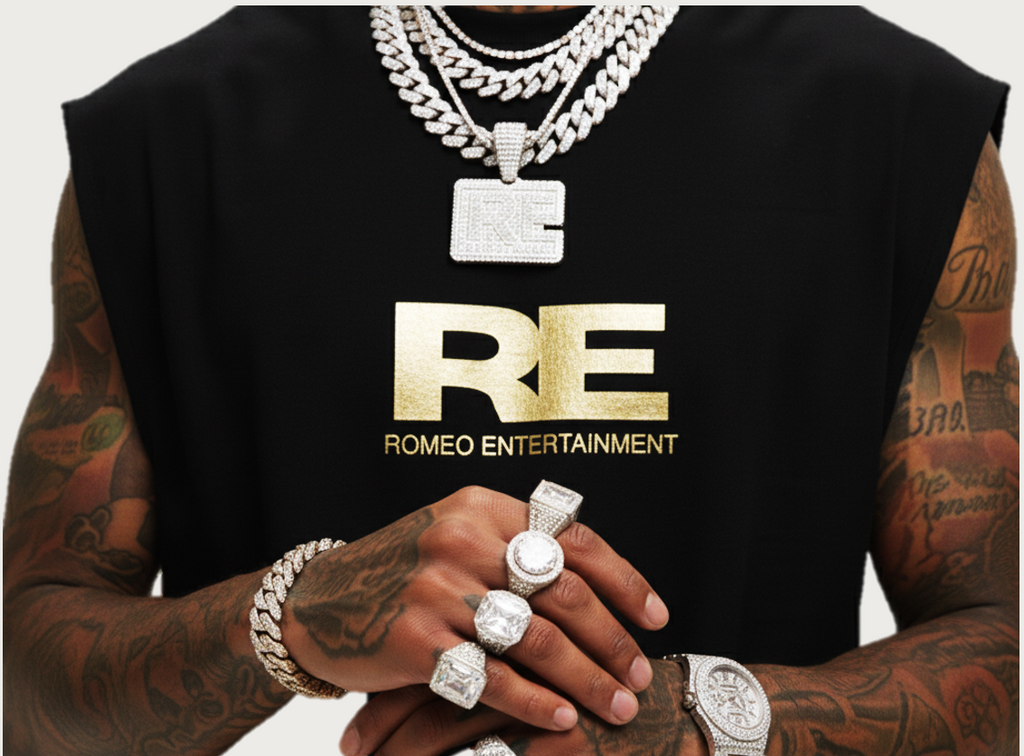 RE Romeo Entertainment - Black Sleeveless T - Metallic Gold Logo