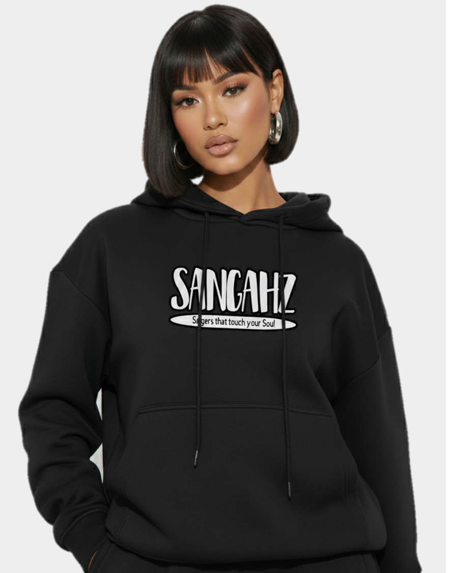Sangahz Oversized Front Pocket Long Sleeve Drawstring Hoodie - Black